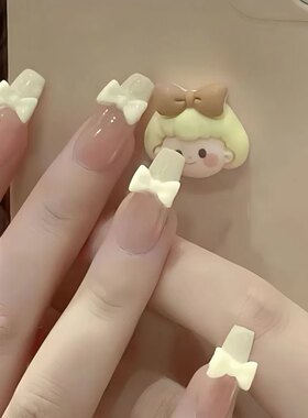 2026新中长版学生显白美甲穿戴甲奶黄蝴蝶结少萝可拆卸指甲片网红