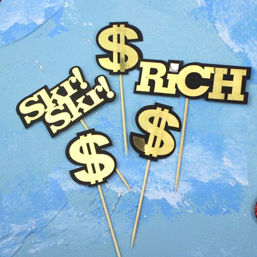 烘焙蛋糕装饰嘻哈说唱Skr RICH镭射蛋糕插牌货币rapper主题插卡