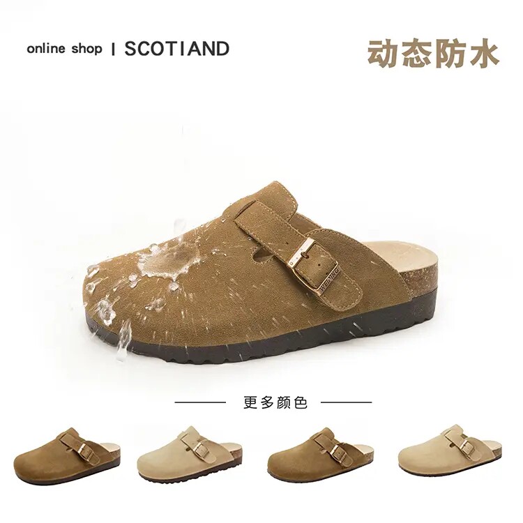 真皮软木内增高包头勃肯半拖鞋