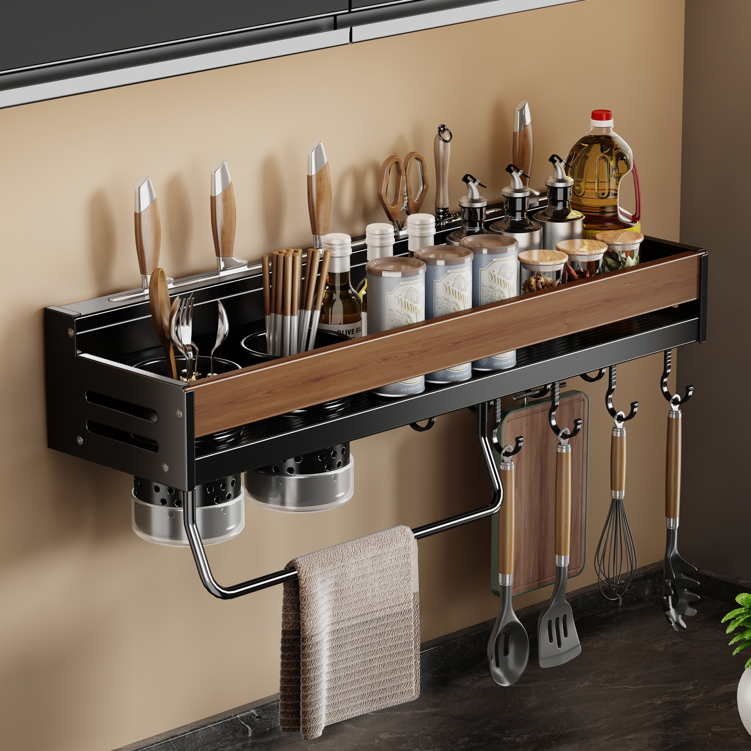 免打孔胡桃木厨房置物架壁挂式多功能墙上调味料筷子刀具收纳架子