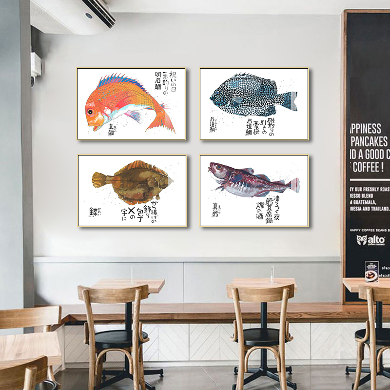 日料寿司餐厅墙面手绘海鲜装饰画居酒屋三文鱼刺身壁画鱼虾蟹挂画图片