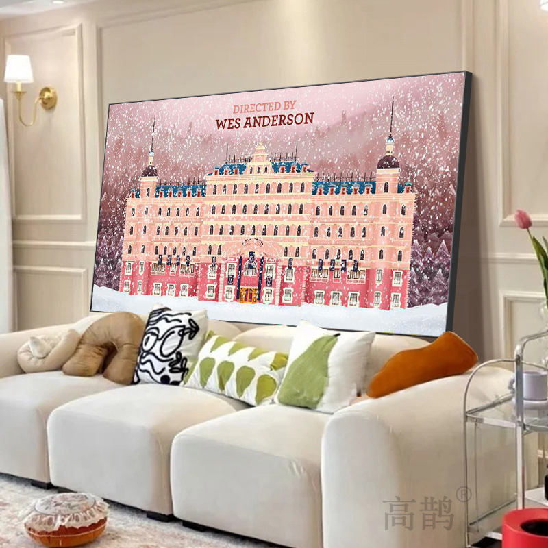 布达佩斯大饭店装饰画客厅沙发后面欧式复古挂画粉色城堡建筑壁画图片