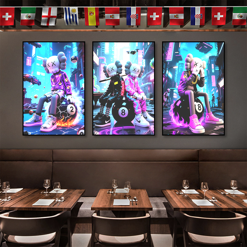 台球俱乐部发光装饰画潮牌kaws挂画桌球室赛博朋克风黑八球壁画