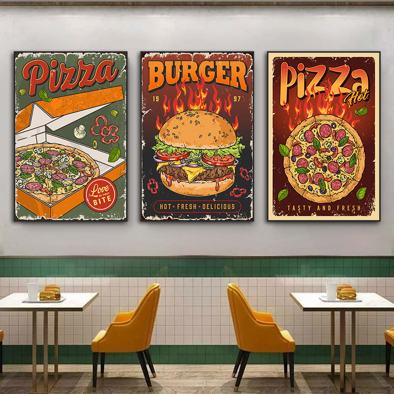 汉堡店墙面装饰画复古美式披萨店炸鸡店挂画比萨Pizza薄饼店壁画图片
