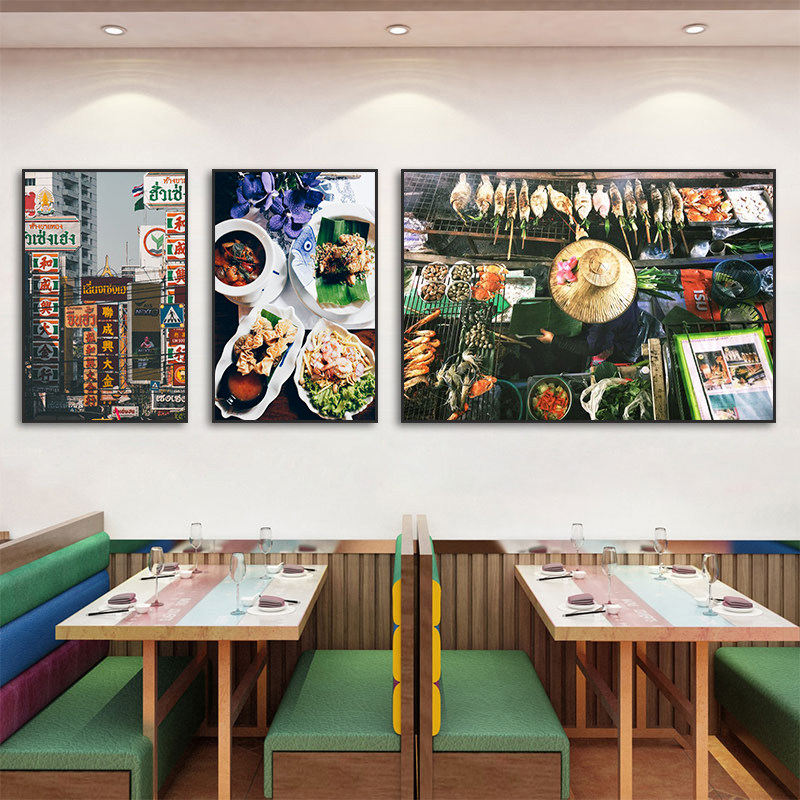 泰式挂画泰国菜餐厅东南亚风格装饰画曼谷街景特色美食奶茶店壁画