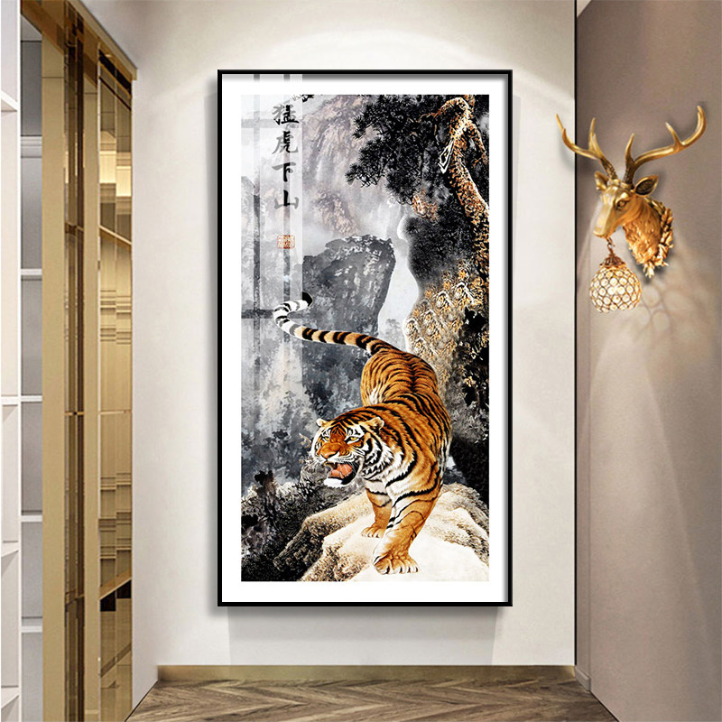 猛虎下山图挂画玄关画镇宅墙面装饰上山虎办公室茶室背景墙装饰画