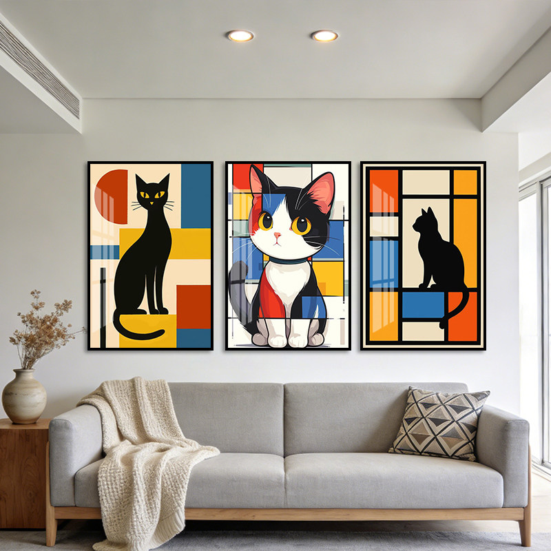 蒙德里安猫咪装饰画中古风