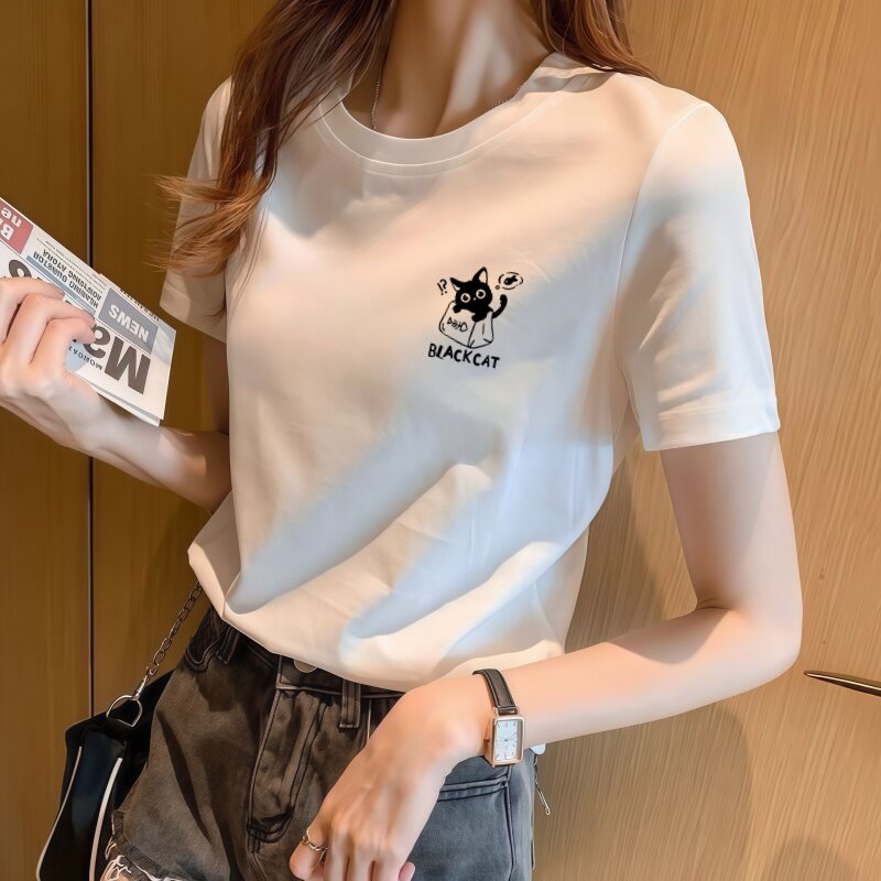 纯棉2026年夏季新款短袖t恤女白色正肩修身显瘦百搭小众圆领上衣