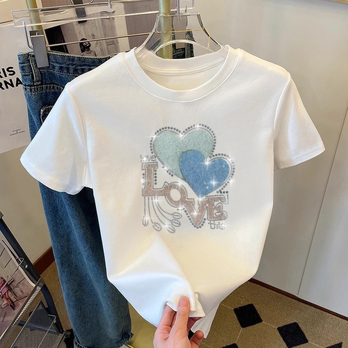 夏季纯棉烫钻显瘦短袖T恤女士