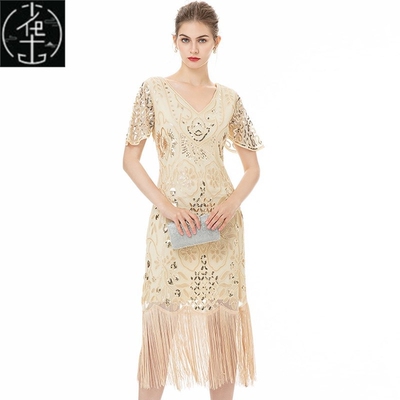 显年轻 带袖 盖茨比复古裙 1920s The Great Gatsby Party Dress