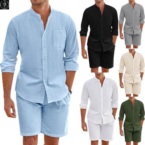 Cotton Linen Long Sleeve Shirt + Shorts Summer Men Two-Piece