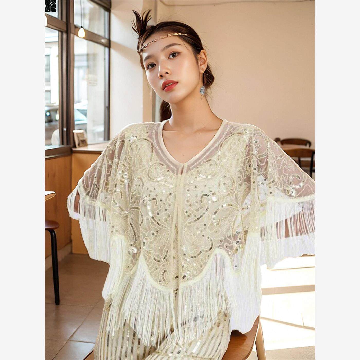流苏亮片披肩1920s欧美覆古盖茨比舞会派对钉珠晚礼服短款小披肩