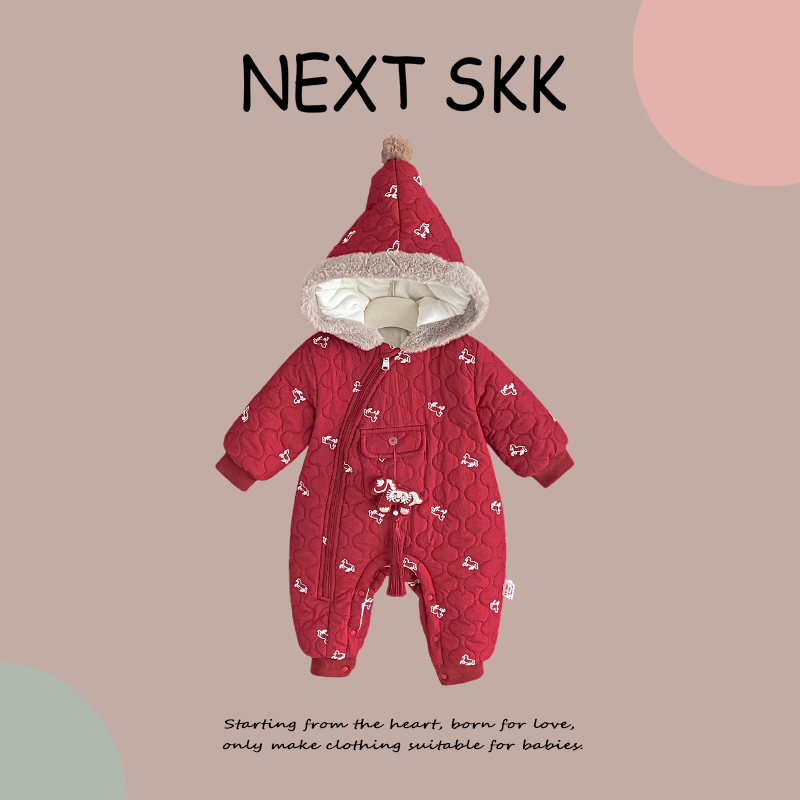 英国NEXT SKK婴儿加厚保暖冬装红色连体衣洋气男女宝宝外出拜年服