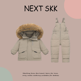 英国NEXT SKK冬季儿童羽绒服外套背带裤两件套男女宝宝外出滑雪服