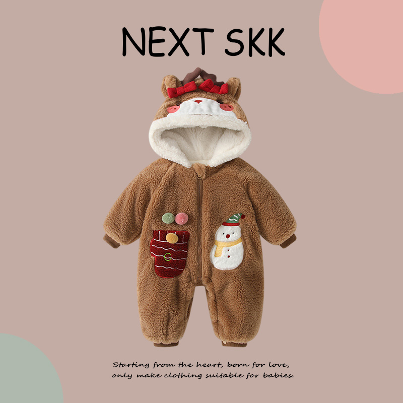 英国NEXT SKK冬季宝宝可爱圣诞麋鹿连体衣婴儿外出加厚保暖爬爬服