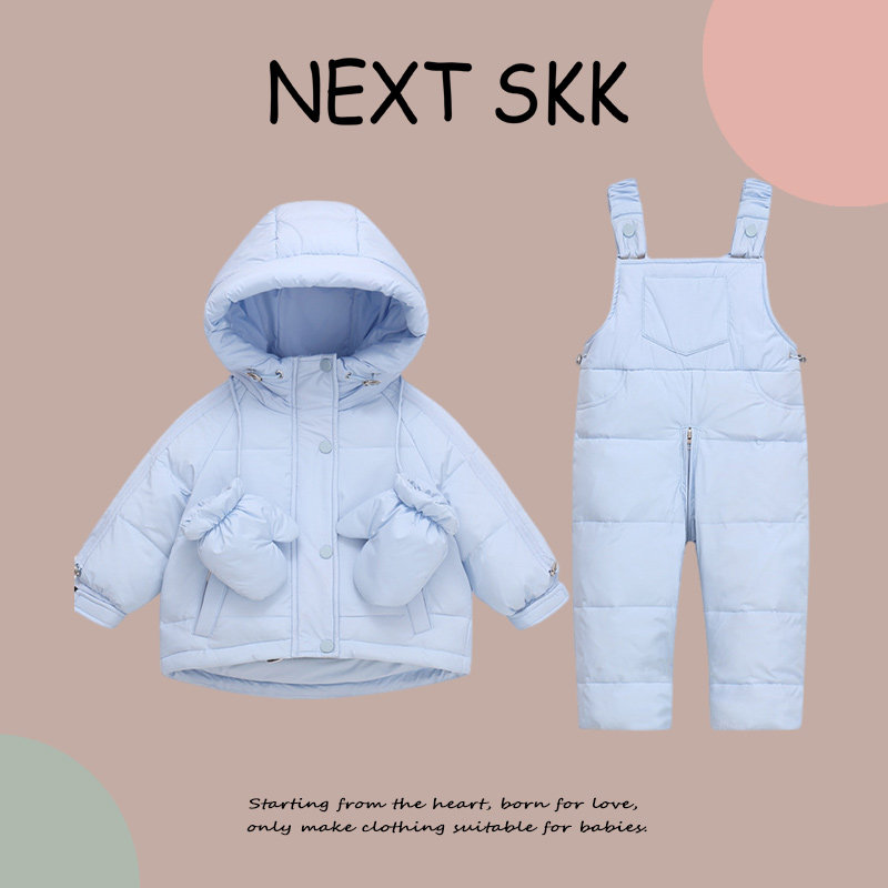 英国NEXT SKK男女宝宝外出保暖羽绒服冬季儿童周岁可爱背带裤套装