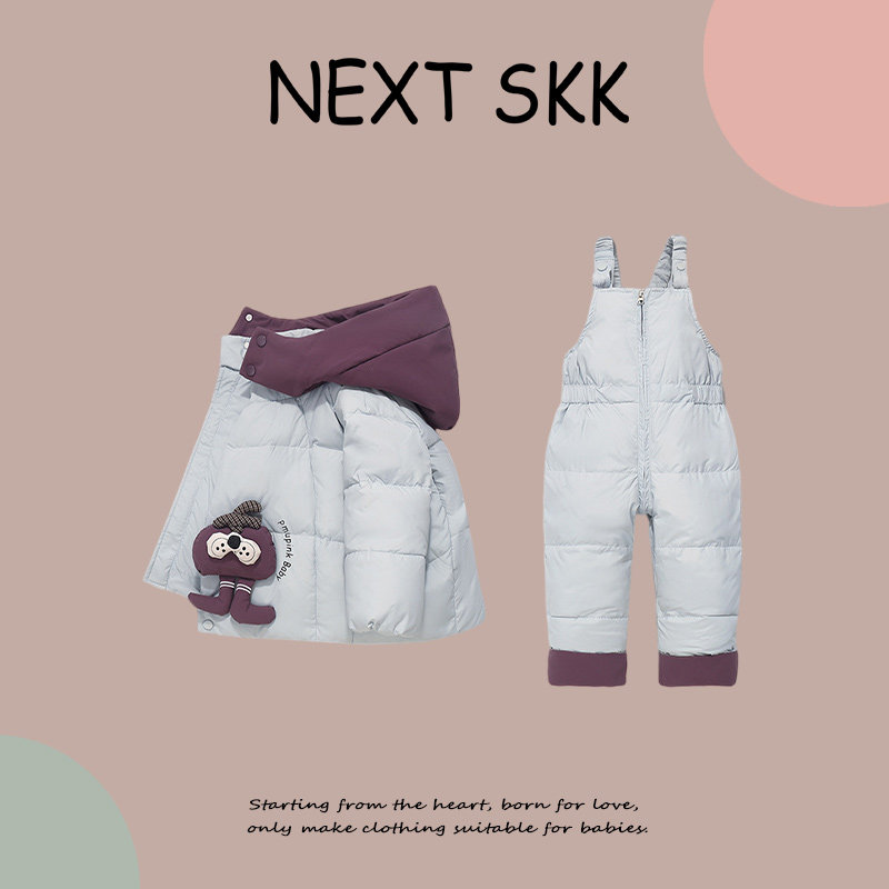 英国NEXT SKK儿童冬季羽绒服套装男女宝宝外出服加厚背带裤两件套