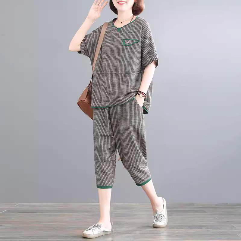 RIERA洋气条纹套装女夏新品拼接短袖T恤上衣休闲七分哈伦裤两件套