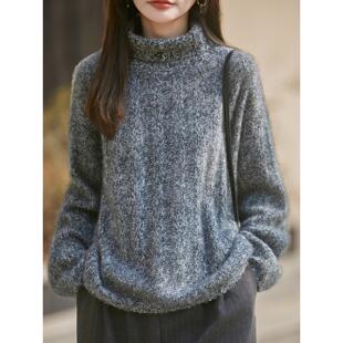ROUMIKL法式高端花纱拉绒高领针织衫女衫重磅加厚绞花保暖打底衫