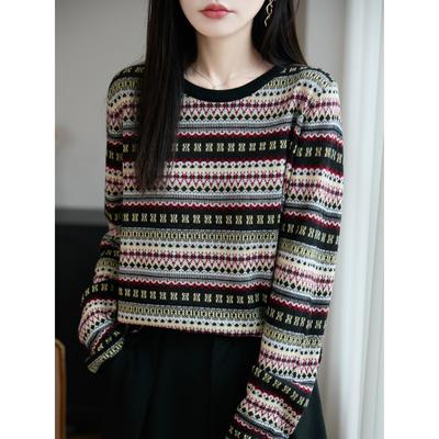 ROUMIKL法式高端费岛尔提花毛针织衫女2025新圆领覆古毛衣宽松显