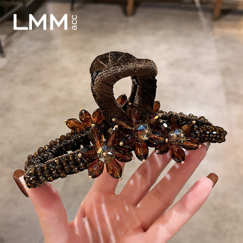 新款鲨鱼夹高级感后脑勺发量多盘发夹头饰女咖色水晶花朵抓夹秋冬
