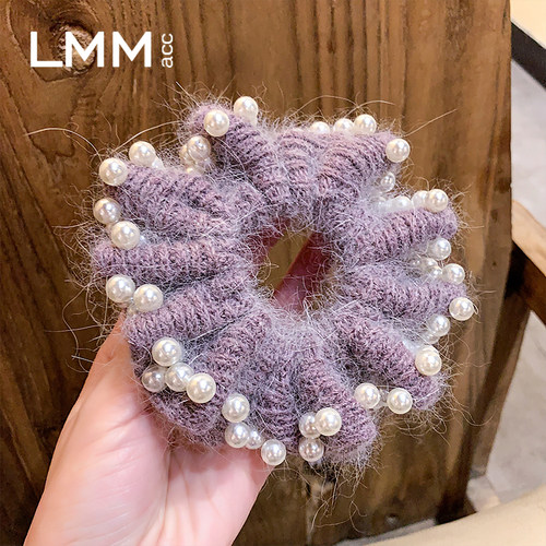 秋冬浅紫珍珠针织发圈