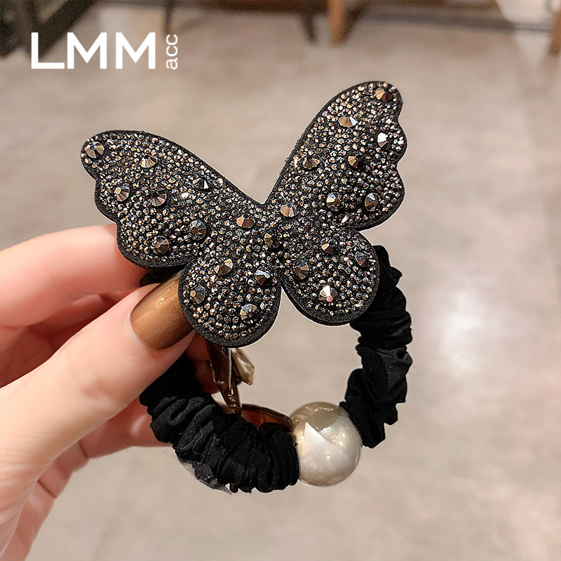 高级感珍珠扎头花女秋冬新款丸子头绳盘发绳网红百搭镶钻蝴蝶发圈