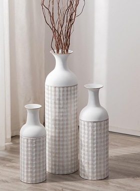 跨境美式复古落地大花瓶民宿软装金属花盆套装家居客厅插花桶