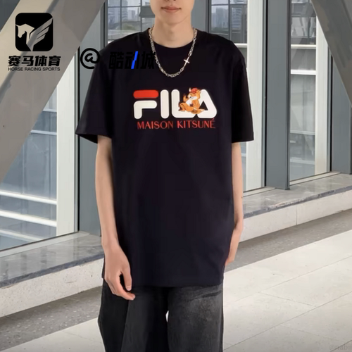 斐乐情侣狐狸刺绣宽松短袖T恤