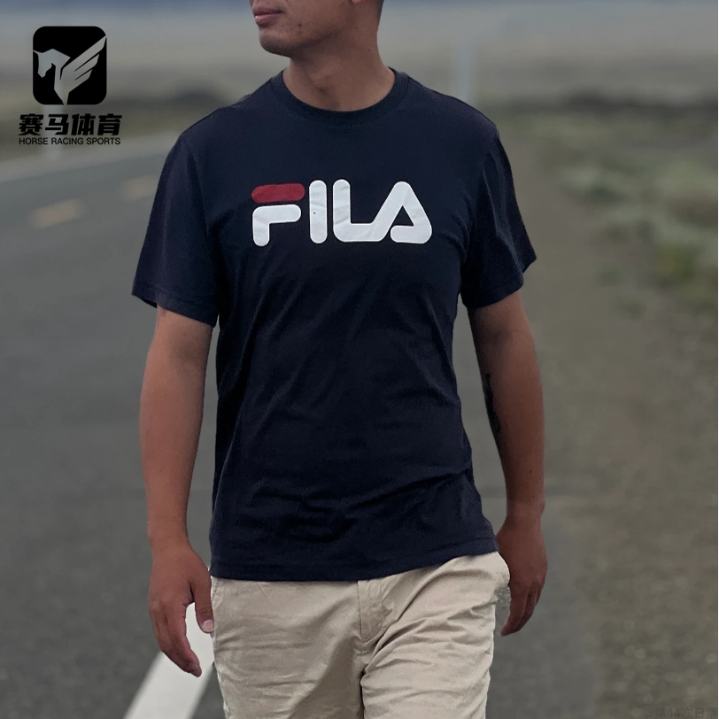 FILA斐乐 深蓝男女字母印花圆领运动休闲短袖T恤FS2RSH2102X-DNA