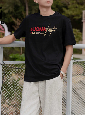 FILA斐乐黑色男女舒适简约百搭圆领运动休闲短袖T恤F11U619101FBK