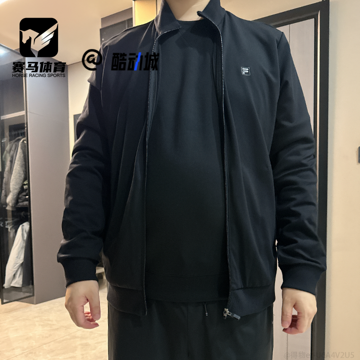 FILA斐乐 黑色男子时尚百搭休闲针织长袖夹克外套F11M523501F-BK
