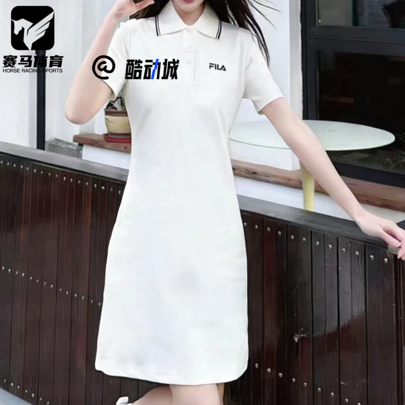 斐乐白色舒适简约POLO领连衣裙