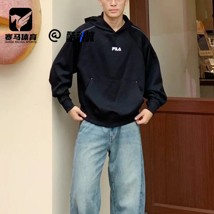 FILA斐乐正黑色男女时尚潮流百搭舒适连帽套头卫衣F51U549205F-BK