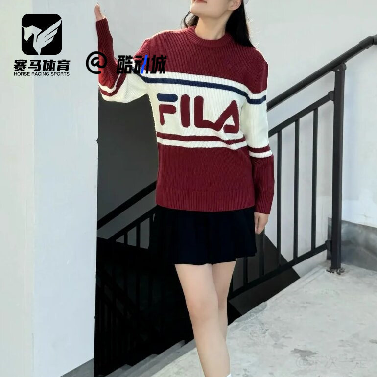 FILA斐乐红白色宽松条纹套头毛衣