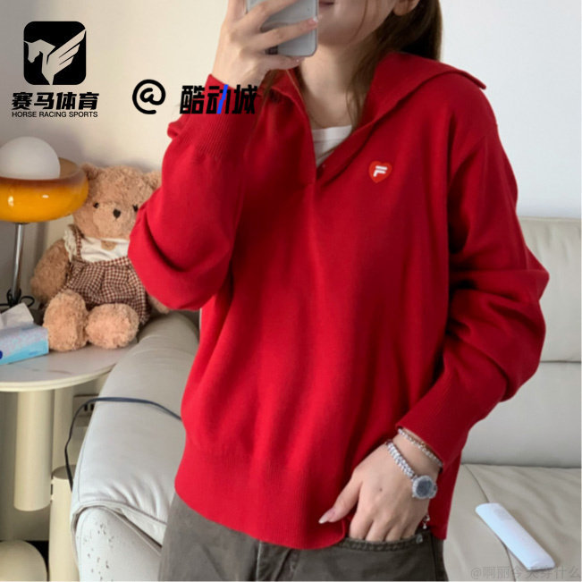 斐乐女假两件编织半开襟毛衣