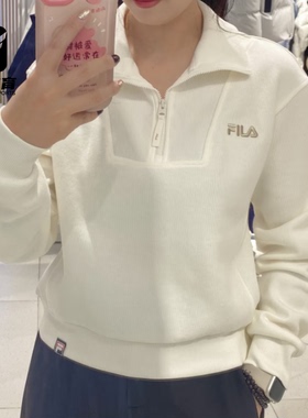 FILA斐乐白色女子复古潮流运动休闲针织套头卫衣F11W549204FWT