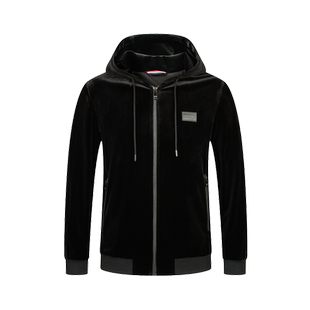 斯密特保罗新款潮流春秋外套休闲轻熟风男装连帽黑色丝绒卫衣上衣