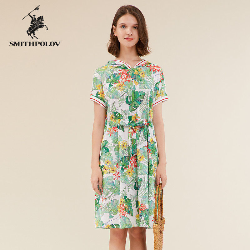 SMITHPOLOV/斯密特保罗新款绣花连帽连衣裙女夏热带宽松休闲女装