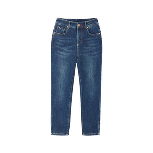 SMITHPOLOV斯密特保罗蓝色牛仔裤女秋季新款高腰修身显瘦小脚裤子