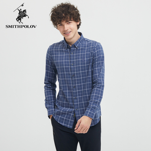 【100%棉】SMITHPOLOV斯密特保罗秋季男复古格纹商务休闲长袖衬衫