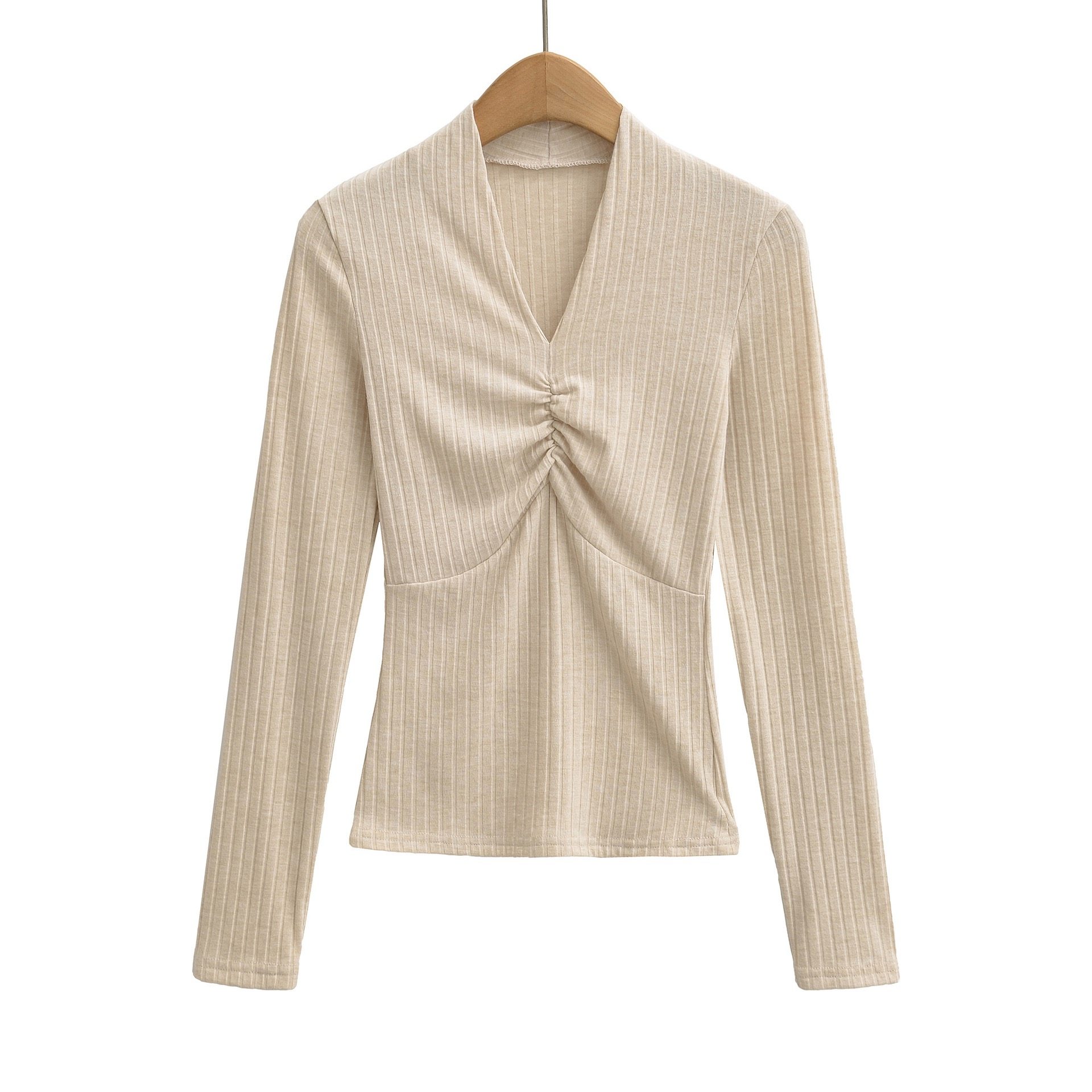 V领捏褶打底衫T恤女2026新款气质辣妹正肩修身显瘦长（无胸垫）