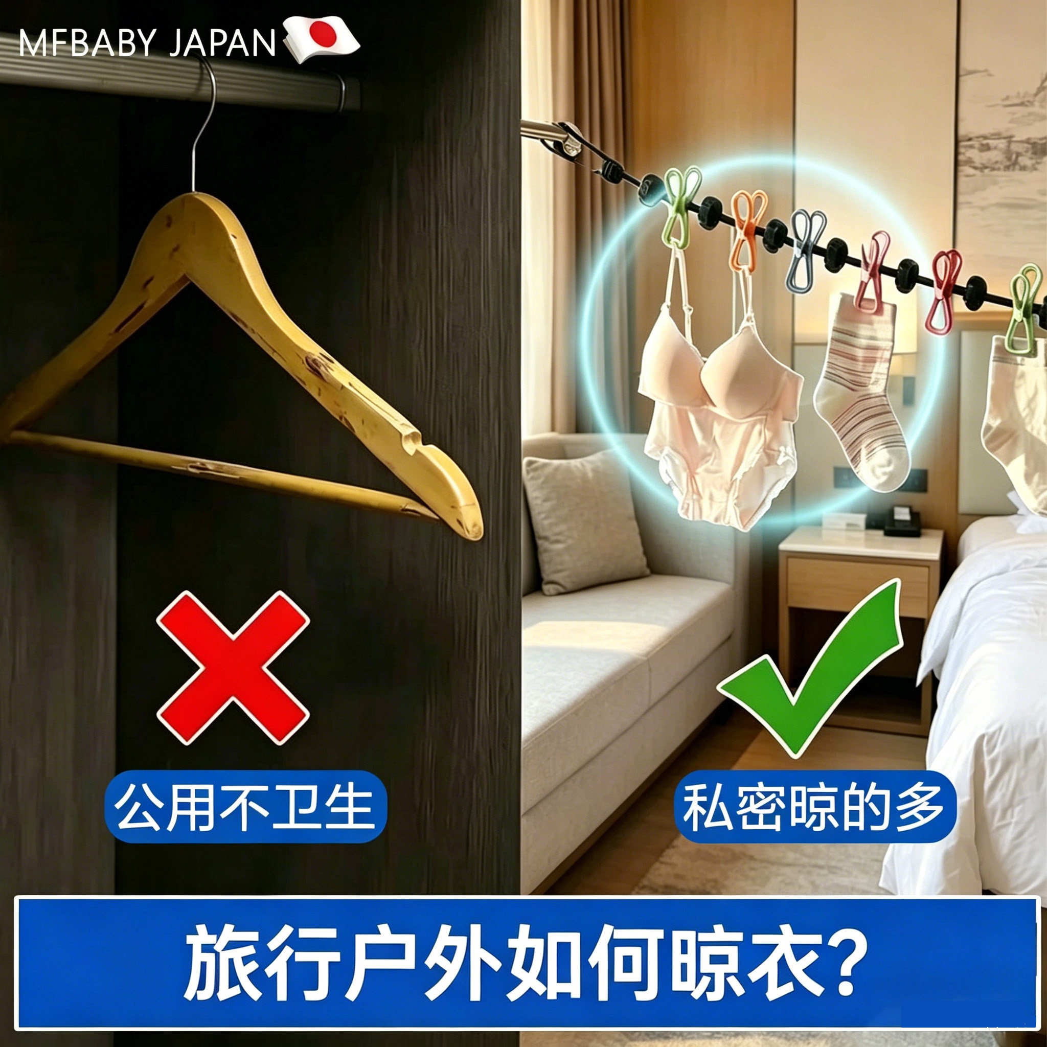 日本旅行晾衣绳室外晒衣绳便携式酒店挂衣绳子防风旅游晾衣服神器