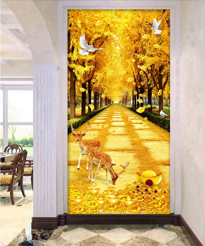 自黏贴纸黄金满地画装饰画客厅饭厅无框贴画竖版走廊过道壁画玄关图片