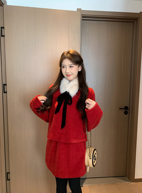SHAOER【小魔女】韩系时尚环保毛毛领上衣半裙两件套S725Z21834