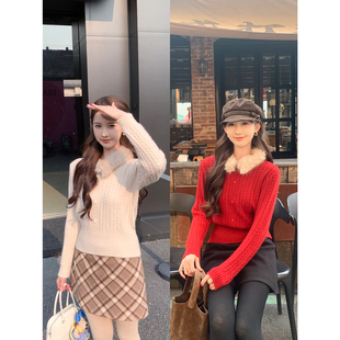 可拆卸毛领麻花百搭针织毛衫 法式 S725Z21724 恋恋心语 SHAOER