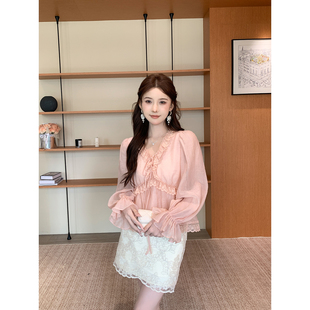 系带V领S726Z03756 天丝尼龙雪纺蕾丝衫 SHAOER 余温