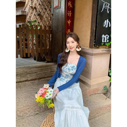 SHAOER【蓝风来信】法式印花抹胸吊带上衣针织开衫S726A03401