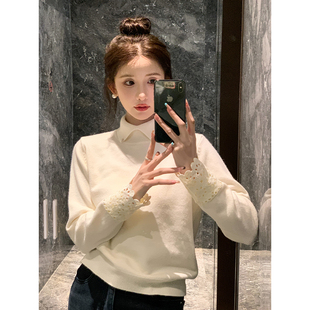 翻领设计感蕾丝袖 法式 针织毛衣S725X20210 白色相纸 SHAOER