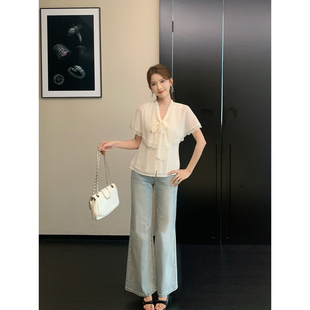 SHAOER【莫奈白茶】法式干金风假两件荷叶边藏肉收腰雪纺上衣女